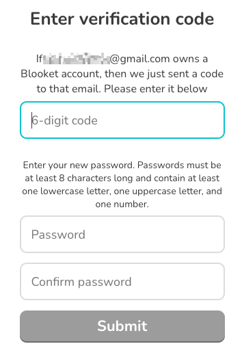 enter your code and new password