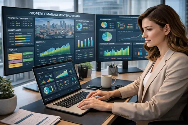 A property management professional studying on a laptop surrounded by performance dashboards, representing a data-driven EdTech learning environment.